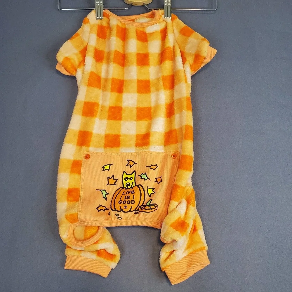 Life Is‎ Good Size L Orange Plaid Fleece Pajamas Costume Harvest Fall Halloween